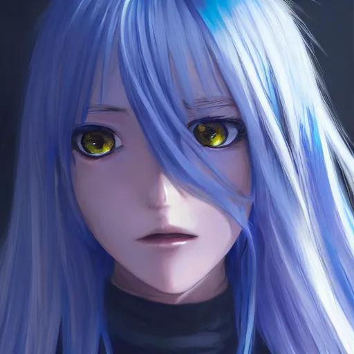 Image similar to full shot of rimuru tempest, sky blue straight hair, long bangs, with amber eyes, wearing a fancy black jacket, high collar, ultra detailed, brush strokes, digital painting, cinematic, wlop artstation, closeup, pixiv, intense, intimidating glare, photorealistic, overpowering, makoto shinkai, rossdraws, andy warhol,