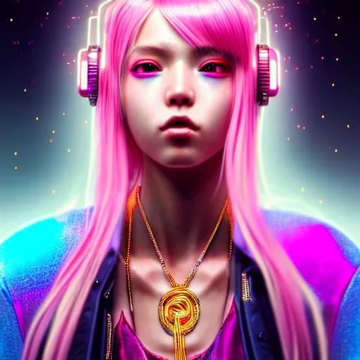 Prompt: hyperdetailed portrait of a stunningly beautiful pink cyberpunk cute girl made of metals and shiny iridescent gems, bright rainbow nimbus, gold necklace, smoke background inspired by ross tran and masamune shirow and kuvshinov, intricate, photorealistic, octane render, rtx, hdr, unreal engine, dnd digital art by artgerm