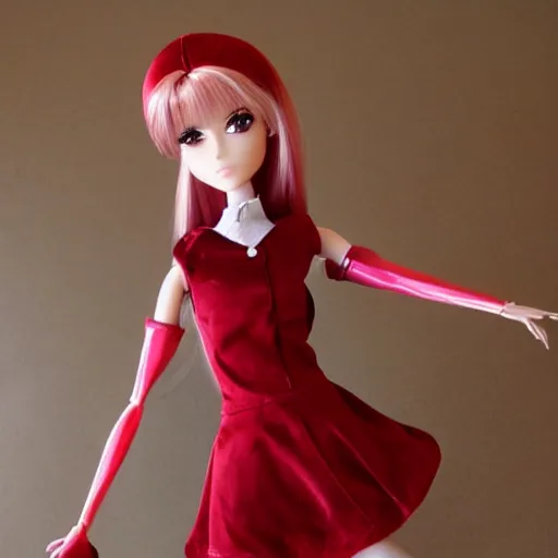 Prompt: anime barbie doll, in red velvet stockings, a nurse's dress, full length, heels on her feet