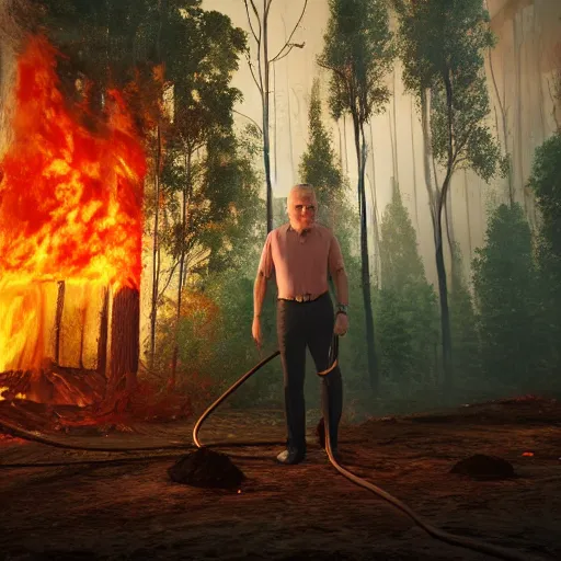 Image similar to Prime Minister Scott Morrison in front of a forest fire, wearing shorts and a Hawaiian hat, hose in the ground, smoke, , cinematic, hyper realism, high detail, vivid colors, octane render, unreal engine, 8k