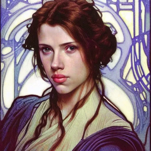 Prompt: head and shoulders portrait of a female knight gazing into camera, jedi, young scarlett johansson, star wars, blue lightsaber, by alphonse mucha, face detail, extremely detailed, art nouveau painting