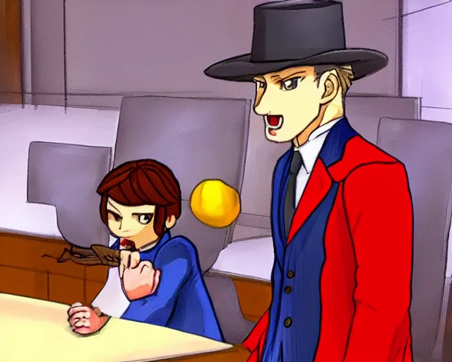 Prompt: phoenix wright defends hat kid in court