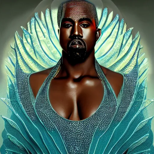 Image similar to kanye - west dressed like a fish, with shimmering scales as skin, swimming underwater!!!, intricate, extremely detailed, digital painting, artstation, concept art, smooth, sharp focus, illustration, ambient lighting, art by artgerm and greg rutkowski and alphonse mucha