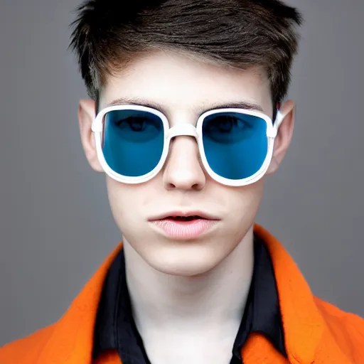 Image similar to teenage boy with kamina shades and sharp white hair, orange eyes.