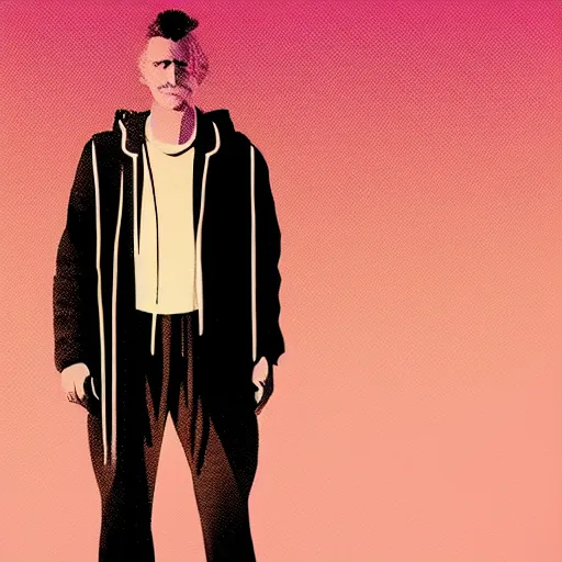 Image similar to nikola tesla in hoodie, thin, portrait, vaporwave, synthwave, neon, vector graphics, cinematic, volumetric lighting, f 8 aperture, cinematic eastman 5 3 8 4 film, photorealistic