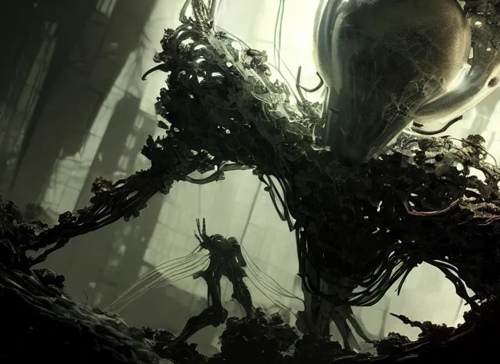 Image similar to a mysterious translucent space alien, basketball player, sleevless jersey, eerie shimmering surroundings, concept art, intricate, detailed, award - winning, cinematic, octane render, 8 k, photorealistic, by tsutomu nihei and emil melmoth and gustave dore and craig mullins and yoji shinkawa