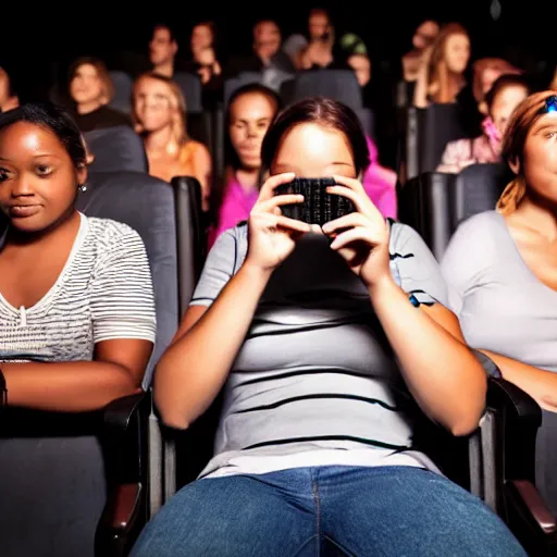 Prompt: people in a full dark movie theatre playing on their cellphones