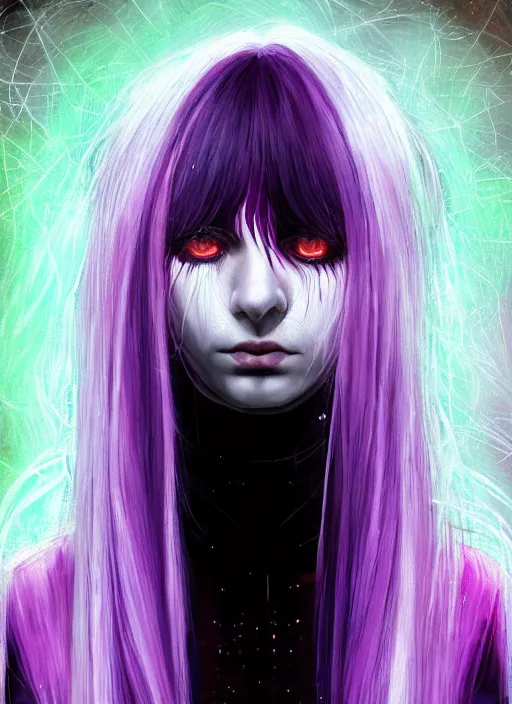 Image similar to hair whitebangs hair, black cyberlox, portrait of teenage girl with white bangs, whitebangsblackhair, messy bangs, cyberlox, whitebangs, red irises, purple clothes, intricate, elegant, glowing lights, highly detailed, digital painting, artstation, concept art, sharp focus, illustration, art by wlop, mars ravelo and greg rutkowski