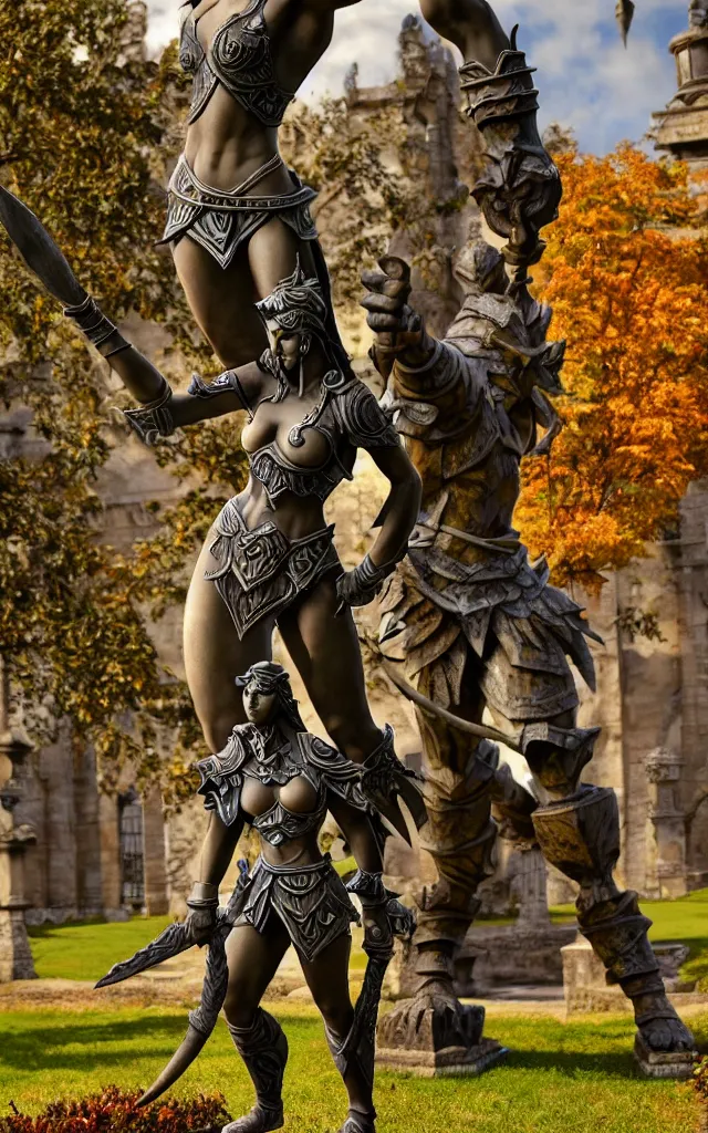 Prompt: detailed photo of old bronze patina statue of various characters of wow rpg game, super highly detailed, full body view, various poses, au blurry distant background with garden of ancient castel, photorealism, intricate detail, museum diffuse lighting, autumn sunlights