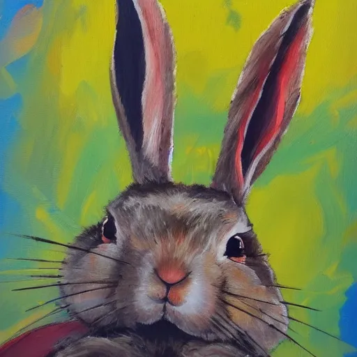 Image similar to rabbit swordman, brush strokes, oil painting