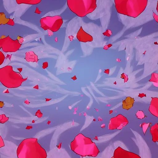 Image similar to background art of spaciously scattered flower petals flowing and floating through the blowing swirling directional wind from left to right on a simple cloudy sky background, big puffy clouds, large individual rose petals, angular background elements, polygonal fragments, anime, artgerm, manga, trending on artstation, art nouveau, mature color scheme