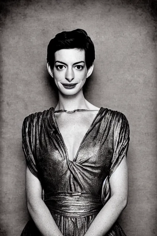 Image similar to anne hathaway, queen, portrait, full body, symmetrical features, silver iodide, 1 8 8 0 photograph, sepia tone, aged paper, sergio leone, master prime lenses, cinematic