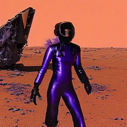 Image similar to portrait of mysterious humanoid, with hair like wisps of smoke, wearing gothy purple and black spandex suit, standing next to smashed spacecraft wreckage, on the orange surface of mars, highly detailed, dramatic lighting, photorealistic, movie still from Dune