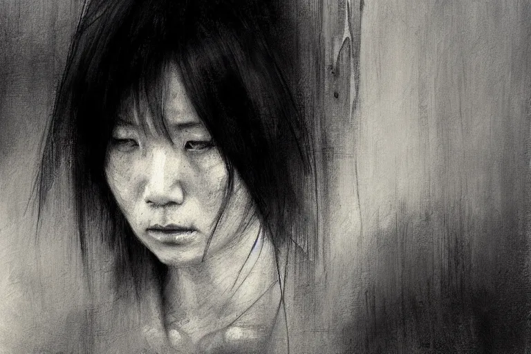 Prompt: a sad japanese lady by jeremy mann - graphite sketch