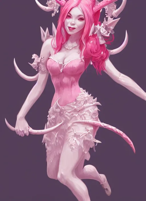 Prompt: a highly detailed illustration of cute pink haired pale demon girl with horns wearing big pink dress, dramatic smile pose, intricate, elegant, highly detailed, centered, digital painting, artstation, concept art, smooth, sharp focus, league of legends concept art, wlop.