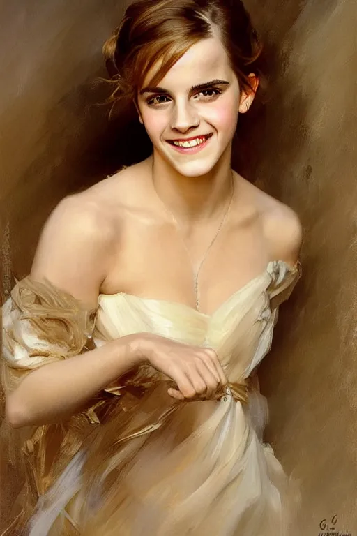 Image similar to smiling emma watson detailed portrait painting by gaston bussiere craig mullins j. c. leyendecker richard avedon