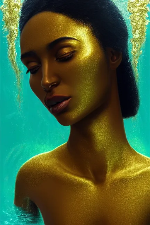 Image similar to hyperrealistic precisionist cinematic underwater scene with fish and algae, very expressive! translucent elegant african goddess, full body, gold jewerly, highly detailed face, digital art masterpiece, eric zener aykut aydogdu, volumetric light, long shot, low angle uhd 8 k, sharp focus