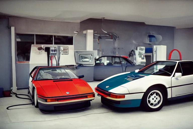 Image similar to 1985 Vector W8 Twin Turbo 911 BMW M1 inside of a car wash, ektachrome photograph, volumetric lighting, f8 aperture, cinematic Eastman 5384 film