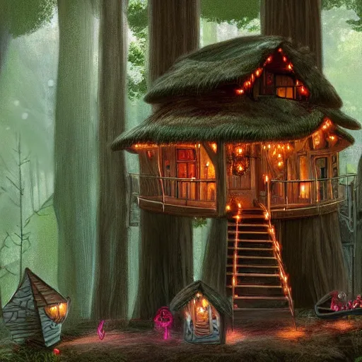 Image similar to detailed concept art of a cozy treehouse with fairy lights, in a redwood forest