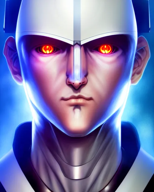 Image similar to portrait of a male friendly and peacful transhuman in anime and cyberpunk style, robotic face, realistic shaded lighting, magali villeneuve, artgerm, rutkowski