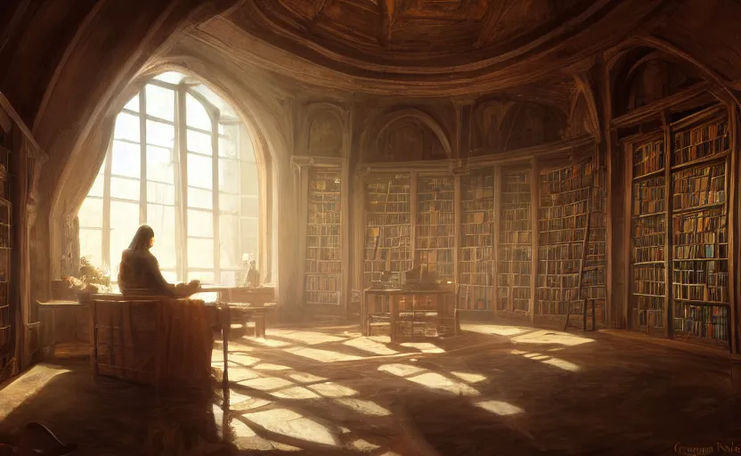 Prompt: painting of an interior of a hidden ring - shaped library overlooking the great room, well maintained, clean, medieval, fantasy genre, natural light, fantasy, natural light, concept art, by craig mullins, cozy atmospheric and cinematic lighting, trending on artstation