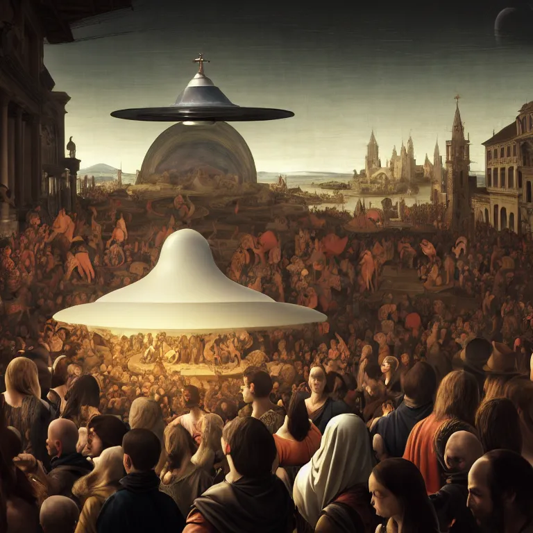 Prompt: beautiful man in a crowd of medieval people surrounding UFO flying saucer, dream-like atmosphere, baroque portrait painting, perfect portrait composition, beautiful detailed intricate insanely detailed octane render trending on Artstation, 8K artistic photography, photorealistic, soft natural volumetric cinematic perfect light, chiaroscuro, award-winning photograph, masterpiece, Raphael, Caravaggio, Greg Rutkowski, Beeple