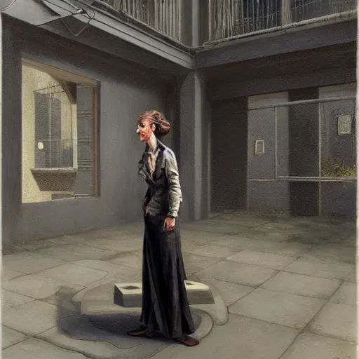 Image similar to detailed face of an intelligent clothed woman with kind eyes in a architectonic courtyard with whisps of smoke at a science expo, atmospheric, ambient, pj crook, syd mead, livia prima, artgerm, greg rutkowski, nick alm, casey baugh