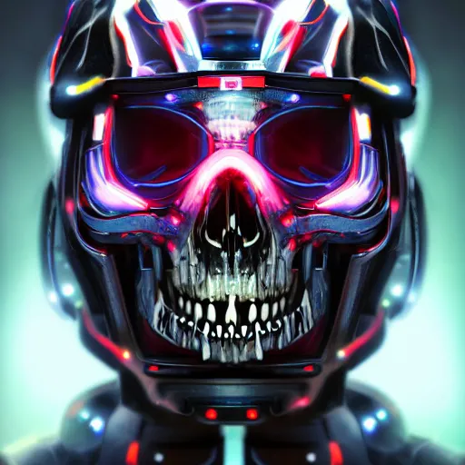 Image similar to centered hyperdetailed portrait of a mecha skull ronin, 8k, digital painting, futuristic, neon lights, trending on CG society