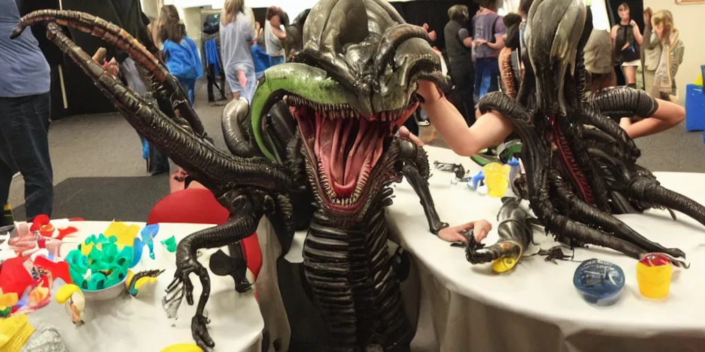 Image similar to a xenomorph from Alien having fun at a kid's birthday party