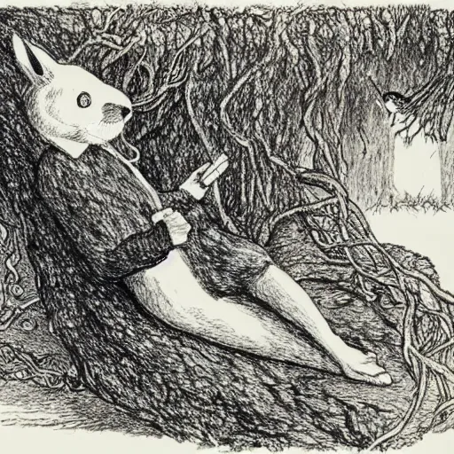 Image similar to a pen and ink drawing of a white rabbit smoking a cigarette while reclining in a deep dark tangled forest, a lingering smoke cloud, childrens book illustration, by edward gorey, by gustav dore