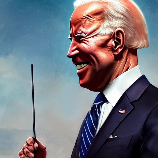 Image similar to joe biden smiling with blood in his face while behind him the world is burning, dramatic lighting, cinematic, establishing shot, extremly high detail, photorealistic, cinematic lighting, artstation, style by James Gurney