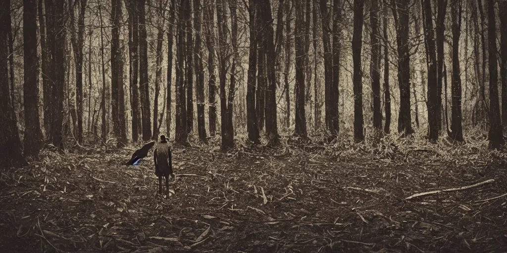 Image similar to mixture between a human and crow, photograph captured in a dark forest