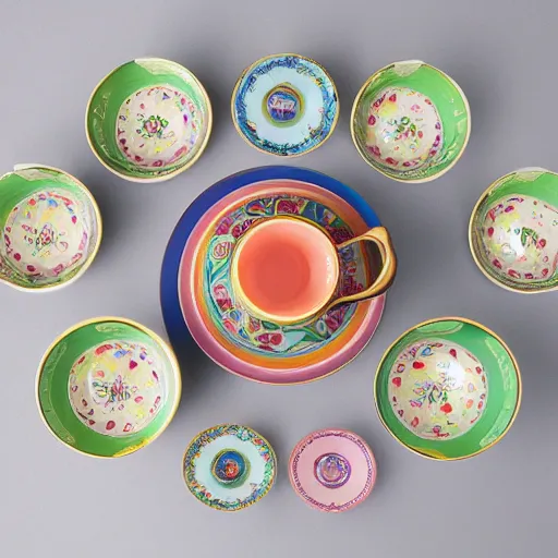 Prompt: maximalist tea set, product photo