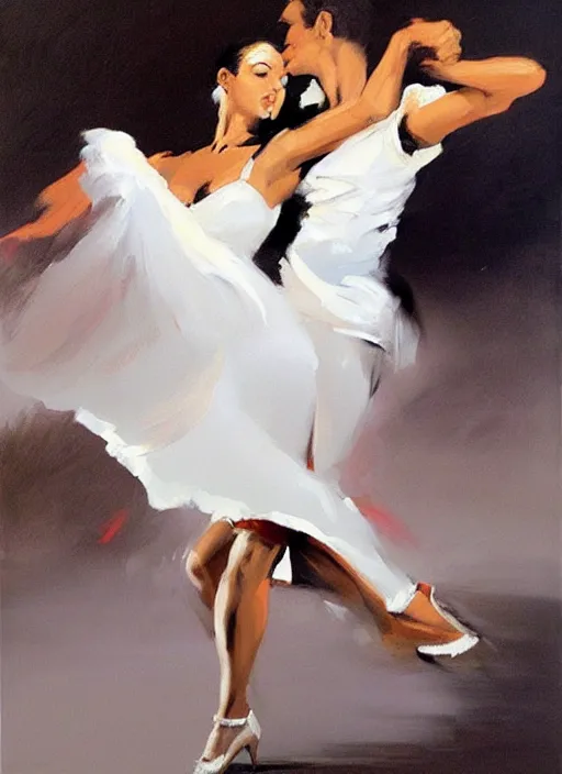 Image similar to tango dancerin in white dress, painting by phil hale, fransico goya,'action lines '!!!, graphic style, visible brushstrokes, motion blur, blurry, visible paint texture, crisp hd image