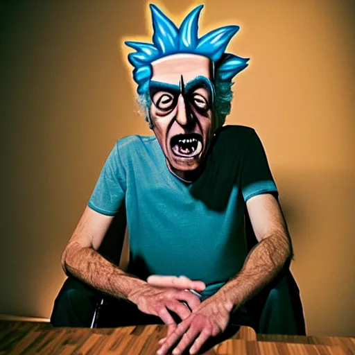 Image similar to Candid portrait photograph of Rick Sanchez from Rick & Morty, taken by Annie Leibovitz