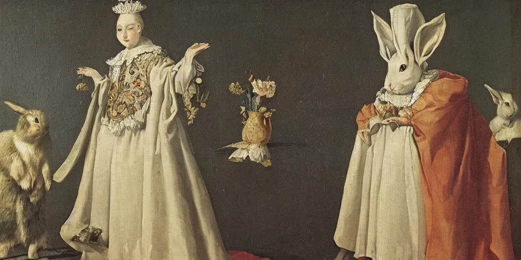 Image similar to a rabbit dressed as a queen, wearing a white robe, 17th century oil painting