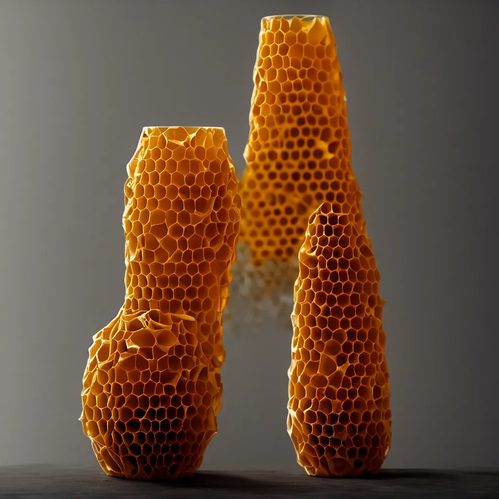 Prompt: real honeycomb elegant traditional vase with dripping honey by tomas gabzdil libertiny, product design, film still from the movie directed by denis villeneuve with art direction by zdzisław beksinski, shallow depth of field
