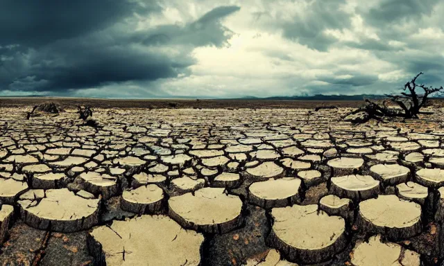 Prompt: panorama of big raindrops floating above a dried up river in a desolate land, dead trees, blue sky, hot and sunny highly-detailed, elegant, dramatic lighting, artstation, 4k, cinematic landscape, photograph by Elisabeth Gadd