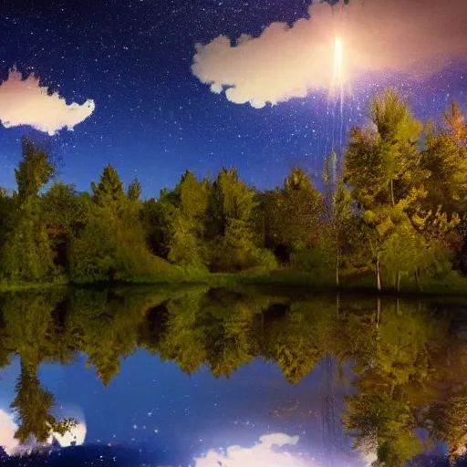Prompt: a beautiful landscape of imagination, trees, illuminated cloud wisps in the sky, night, sense of wonder, water reflections,