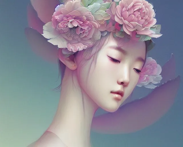 Prompt: highly detailed pastel colors of an ethereal asian beauty morphing gradually into flowers, by artgerm and hsiao - ron cheng, smooth composition, fine patterns and detail