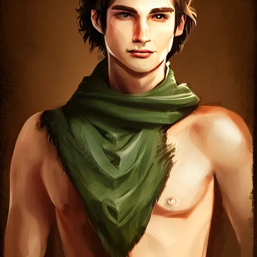 Prompt: realistic portrait, 25 years old man :: athletic fantasy mage :: green eyes, shoulder long brown hair :: wearing a brown robe :: high detail, digital art, RPG, concept art, illustration