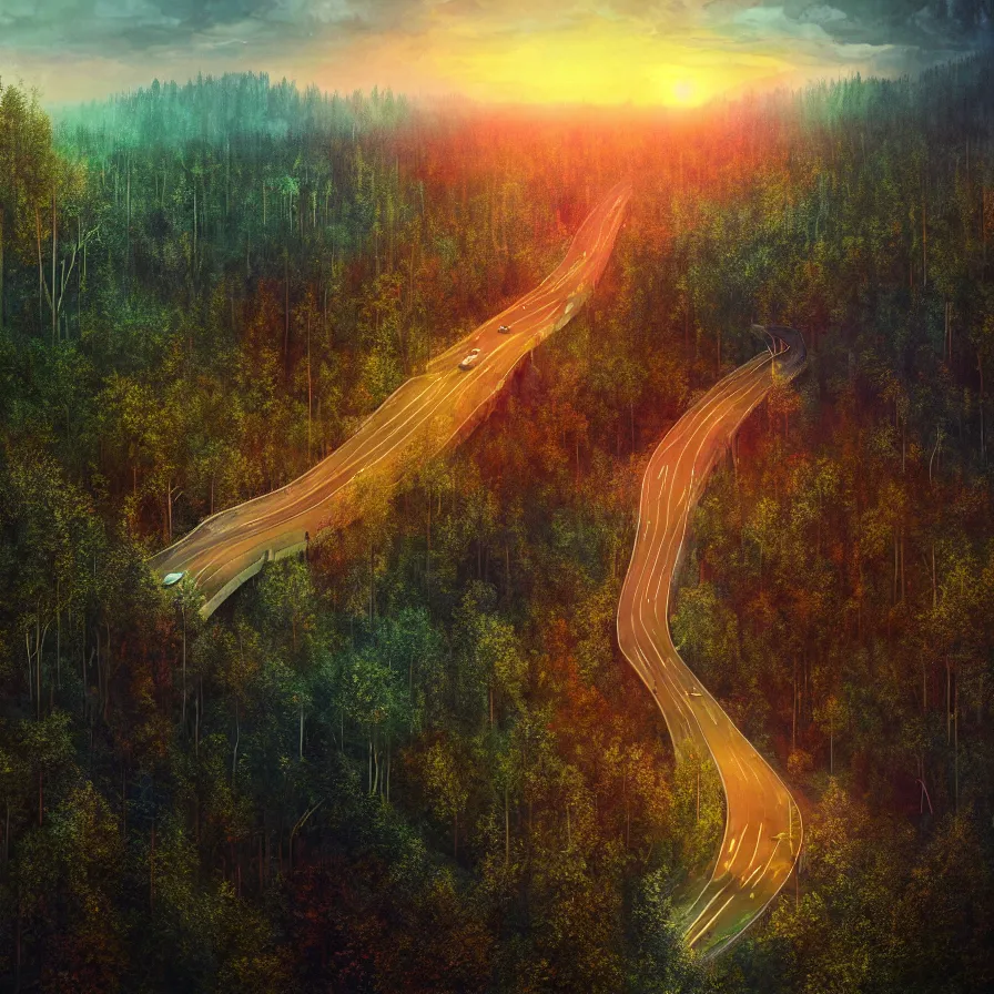 Image similar to surrealist semiabstract rendition of a highway road going down to the horizon through a thick forest and a rocky mountain coast pluging into an immense sunset. atmospheric landscape, soft tones, psychedelic, ultra realistic, concept art, modern art, photorealistic, octane render, 8 k. art by nori inoguchi and sam kaplan and zachary goulko and christopher marley