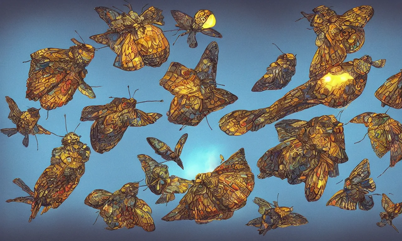 Prompt: discworld theme, moth, flocking birds, 3 d art, digital illustration, perfect lighting