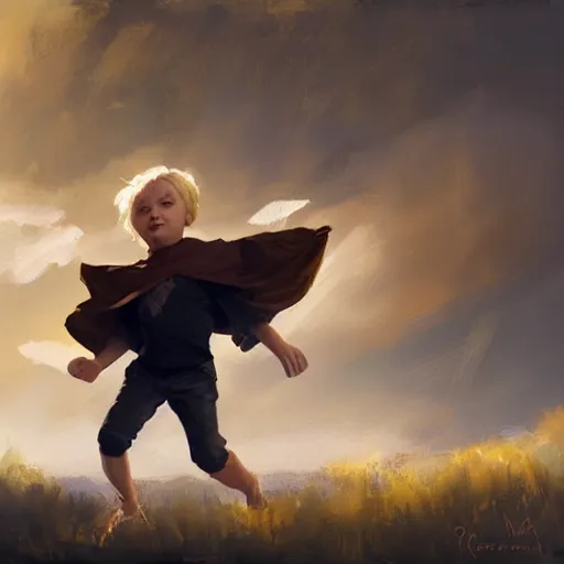 Image similar to blonde boy with golden eyes wearing a brown cape and flying in t pose, energy background, brush strokes, greg rutkowski, oil painting