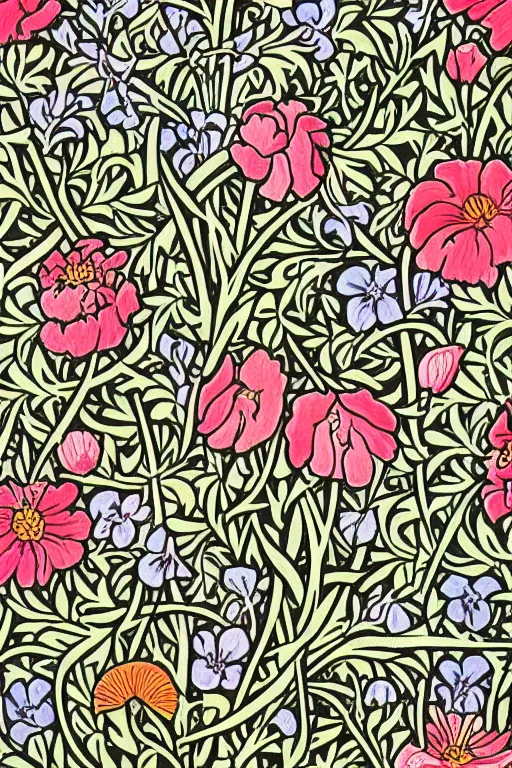 Image similar to spring flowers, happy and beautiful, by jacdraws and william morris