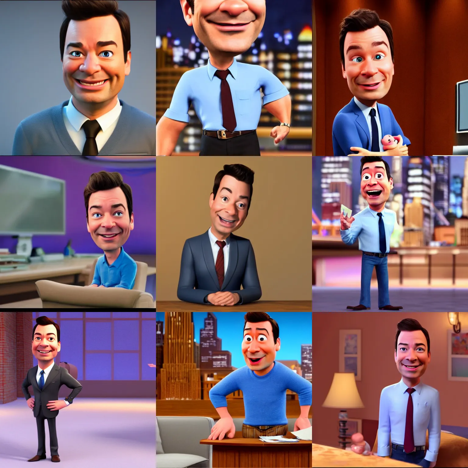 Prompt: a still of jimmy fallon in a pixar movie. 3 d rendering. unreal engine. amazing likeness. very detailed. cartoon caricature.