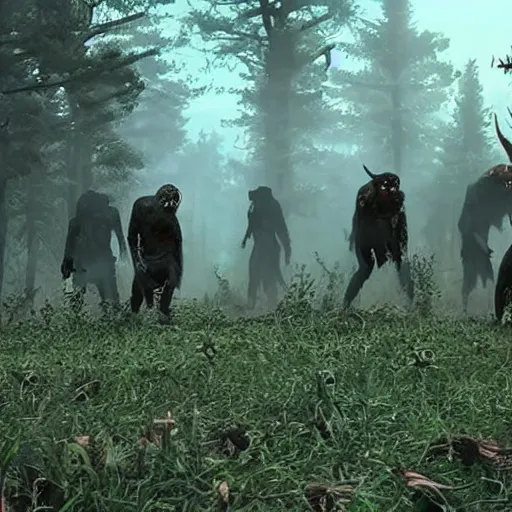 Image similar to The demons have come out to play on august 12th of 2022. they are here they are here they are zombies they are demons indescribable eating flesh skinwalkers. trailcam in 4k.