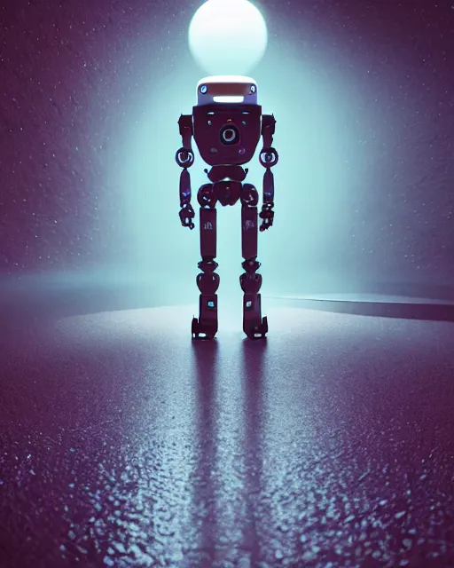 Image similar to a robot standing in front of a glowy open door that's on a barren moon, poster art by mike winkelmann, trending on cg society, space art, sci - fi, ue 5, futuristic, volumetric lighting, light casting onto the ground, neat composition and camera angle