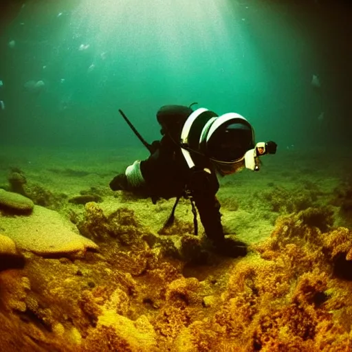 Image similar to underwater photograph of an astronaut exploring deep ocean creatures, eerie