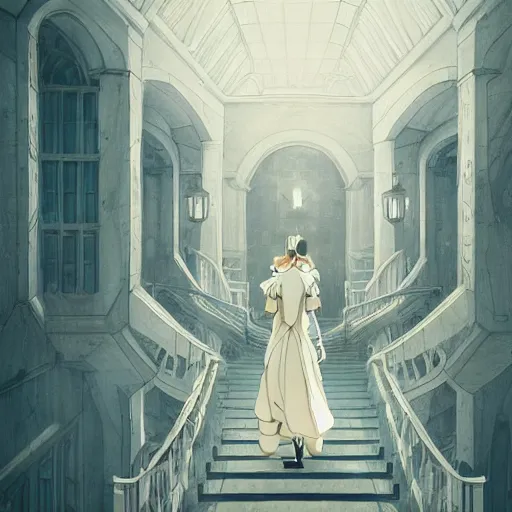 Image similar to a creepy woman walking through a bright white staircase with many doors and hallways, mc escher architecture, very detailed background, epic composition, anime key visual, anime style, by makoto shinkai